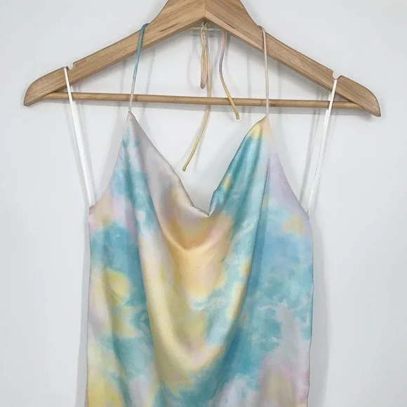 ZARA Satin Tie Dye Camisole Rainbow Side Cinch Strappy Midi Halter Cami Dress - Picture 7 of 15